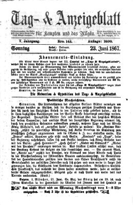 Tag- und Anzeigeblatt für Kempten und das Allgäu Sonntag 23. Juni 1867