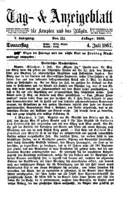 Tag- und Anzeigeblatt für Kempten und das Allgäu Donnerstag 4. Juli 1867