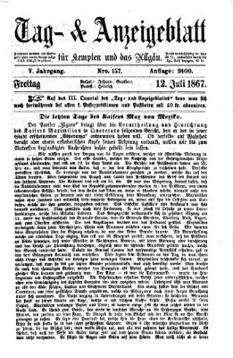 Tag- und Anzeigeblatt für Kempten und das Allgäu Freitag 12. Juli 1867