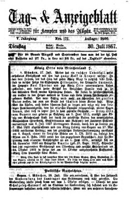 Tag- und Anzeigeblatt für Kempten und das Allgäu Dienstag 30. Juli 1867