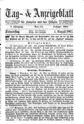 Tag- und Anzeigeblatt für Kempten und das Allgäu Donnerstag 1. August 1867