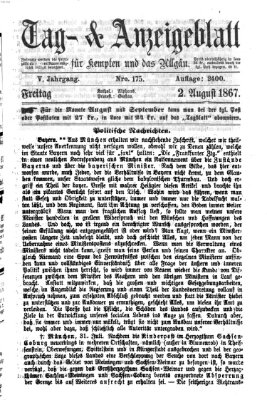 Tag- und Anzeigeblatt für Kempten und das Allgäu Freitag 2. August 1867