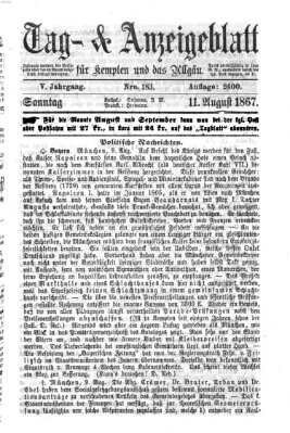 Tag- und Anzeigeblatt für Kempten und das Allgäu Sonntag 11. August 1867