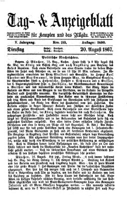 Tag- und Anzeigeblatt für Kempten und das Allgäu Dienstag 20. August 1867