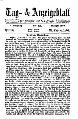 Tag- und Anzeigeblatt für Kempten und das Allgäu Freitag 27. September 1867