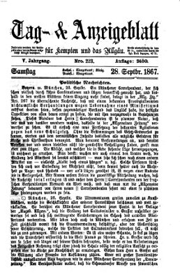 Tag- und Anzeigeblatt für Kempten und das Allgäu Samstag 28. September 1867