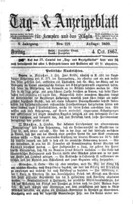 Tag- und Anzeigeblatt für Kempten und das Allgäu Freitag 4. Oktober 1867