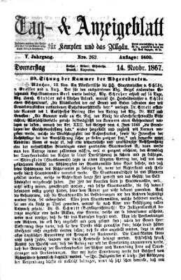 Tag- und Anzeigeblatt für Kempten und das Allgäu Donnerstag 14. November 1867