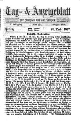 Tag- und Anzeigeblatt für Kempten und das Allgäu Freitag 20. Dezember 1867