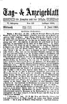 Tag- und Anzeigeblatt für Kempten und das Allgäu Mittwoch 3. Juni 1868