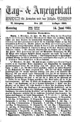 Tag- und Anzeigeblatt für Kempten und das Allgäu Sonntag 14. Juni 1868