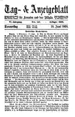 Tag- und Anzeigeblatt für Kempten und das Allgäu Donnerstag 18. Juni 1868