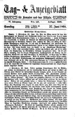 Tag- und Anzeigeblatt für Kempten und das Allgäu Samstag 27. Juni 1868