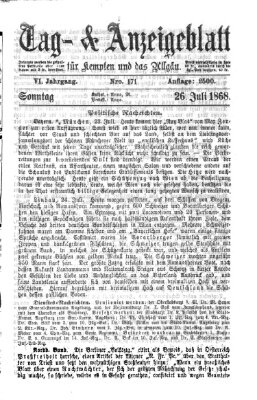 Tag- und Anzeigeblatt für Kempten und das Allgäu Sonntag 26. Juli 1868