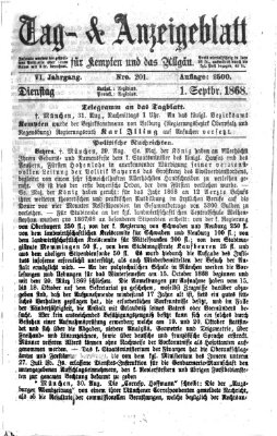 Tag- und Anzeigeblatt für Kempten und das Allgäu Dienstag 1. September 1868