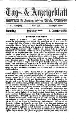 Tag- und Anzeigeblatt für Kempten und das Allgäu Samstag 3. Oktober 1868