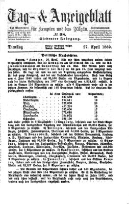 Tag- und Anzeigeblatt für Kempten und das Allgäu Dienstag 27. April 1869