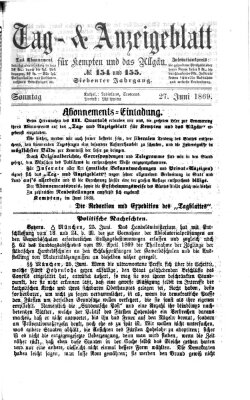 Tag- und Anzeigeblatt für Kempten und das Allgäu Sonntag 27. Juni 1869