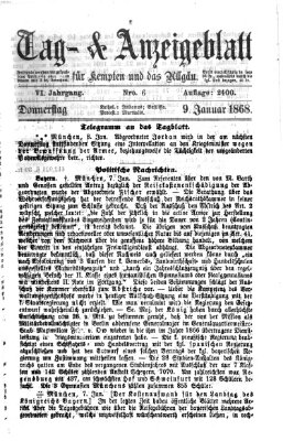 Tag- und Anzeigeblatt für Kempten und das Allgäu Donnerstag 9. Januar 1868