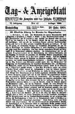 Tag- und Anzeigeblatt für Kempten und das Allgäu Donnerstag 20. Februar 1868