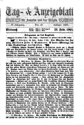 Tag- und Anzeigeblatt für Kempten und das Allgäu Mittwoch 26. Februar 1868