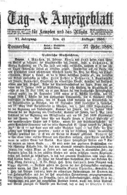 Tag- und Anzeigeblatt für Kempten und das Allgäu Donnerstag 27. Februar 1868