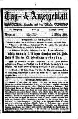 Tag- und Anzeigeblatt für Kempten und das Allgäu Sonntag 1. März 1868