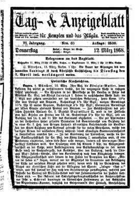 Tag- und Anzeigeblatt für Kempten und das Allgäu Donnerstag 12. März 1868