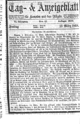 Tag- und Anzeigeblatt für Kempten und das Allgäu Freitag 13. März 1868