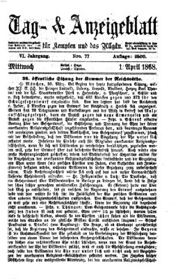 Tag- und Anzeigeblatt für Kempten und das Allgäu Mittwoch 1. April 1868