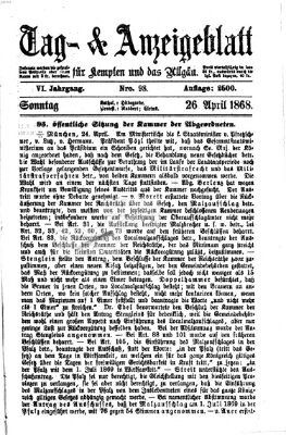 Tag- und Anzeigeblatt für Kempten und das Allgäu Sonntag 26. April 1868