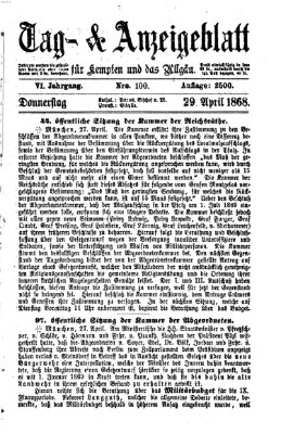 Tag- und Anzeigeblatt für Kempten und das Allgäu Mittwoch 29. April 1868