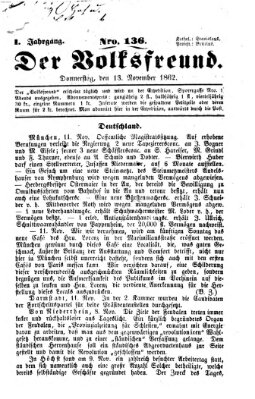 Der Volksfreund Donnerstag 13. November 1862