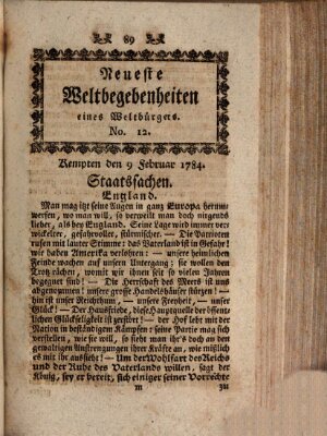 Neueste Weltbegebenheiten (Kemptner Zeitung) Montag 9. Februar 1784