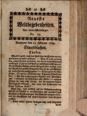 Neueste Weltbegebenheiten (Kemptner Zeitung) Freitag 13. Februar 1784