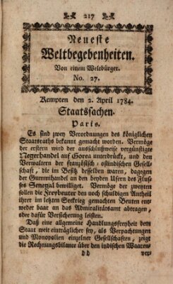 Neueste Weltbegebenheiten (Kemptner Zeitung) Freitag 2. April 1784