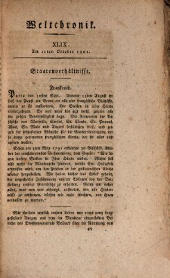 Weltchronik Sonntag 11. Oktober 1801