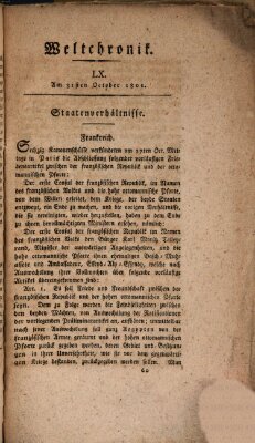 Weltchronik Samstag 31. Oktober 1801