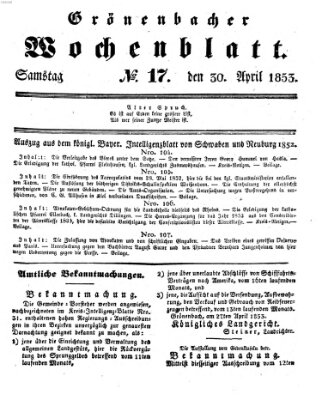 Grönenbacher Wochenblatt Samstag 30. April 1853