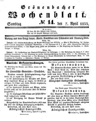 Grönenbacher Wochenblatt Samstag 7. April 1855