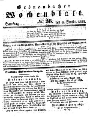 Grönenbacher Wochenblatt Samstag 8. September 1855