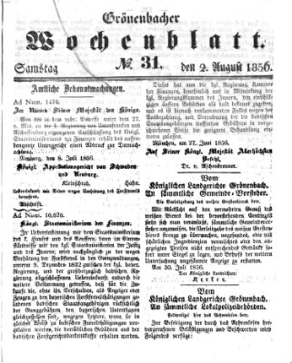 Grönenbacher Wochenblatt Samstag 2. August 1856