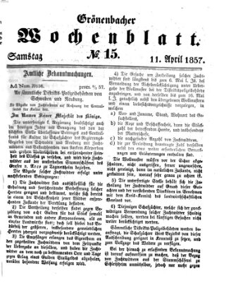 Grönenbacher Wochenblatt Samstag 11. April 1857