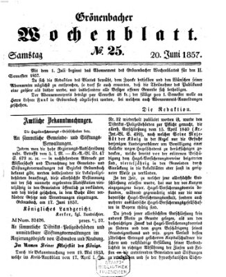 Grönenbacher Wochenblatt Samstag 20. Juni 1857