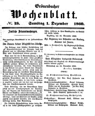 Grönenbacher Wochenblatt Samstag 1. Dezember 1860