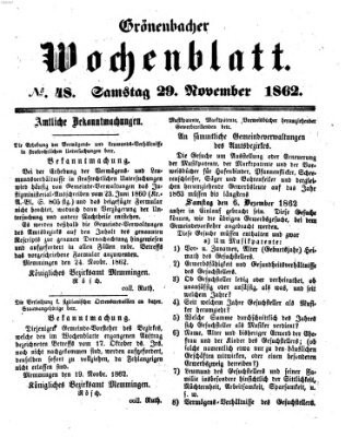 Grönenbacher Wochenblatt Samstag 29. November 1862