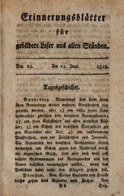 Erinnerungs-Blätter für gebildete Leser aus allen Ständen Sonntag 21. Juni 1818