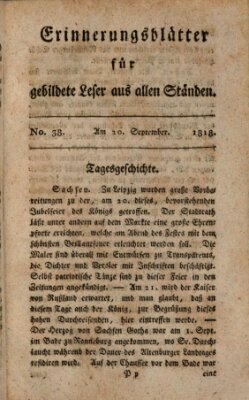 Erinnerungs-Blätter für gebildete Leser aus allen Ständen Sonntag 20. September 1818