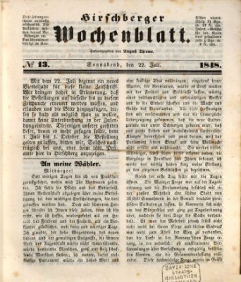 Hirschberger Wochenblatt Samstag 22. Juli 1848