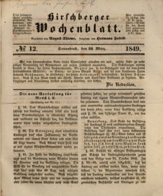 Hirschberger Wochenblatt Samstag 31. März 1849